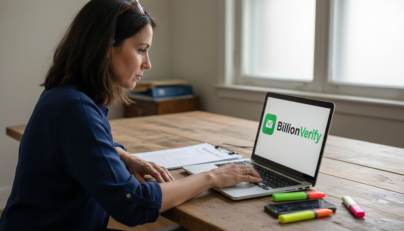 Woman reviewing risky email addresses on laptop